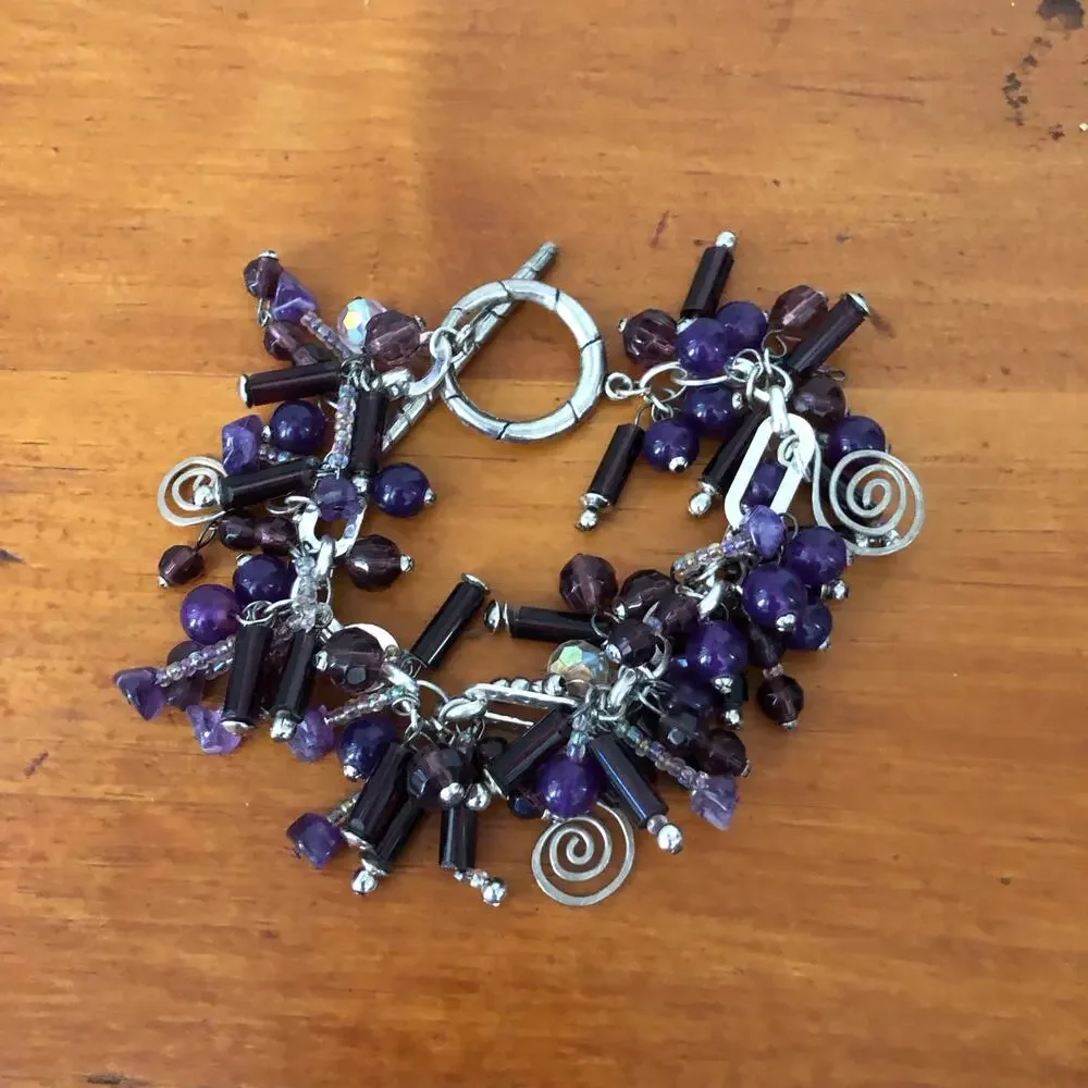 Purple Glass Bead Charm Bracelet Silver Tone Dangle Statement Jewelry - Picture 5 of 8